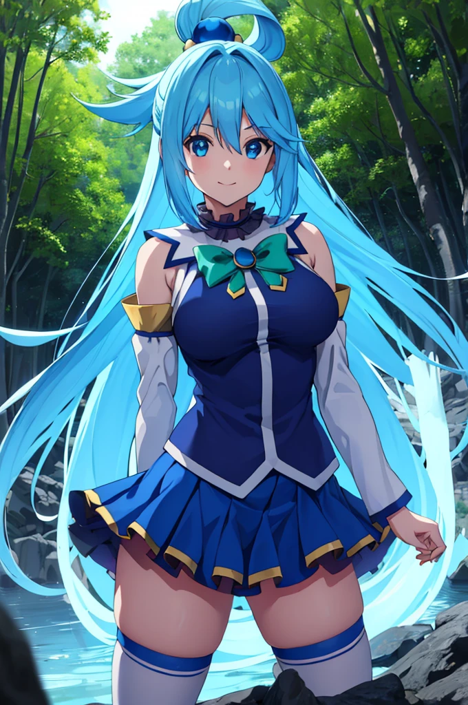 (masterpiece:1.3), (best quality:1.1), (8k, ultra detailed, ultra high res:1.2), ((anime style)), perfect 5 fingers, perfect anatomy,
1girl,
Aqua \(konosuba\),
long hair, single hair ring,
blue hair,
(blue eyes:1.2), (beatiful detailed eyes:1.2), smile, dynamic pose, heart hands, ((mystical atmosphere)),
green bow,
medium breasts,
BREAK blue shirt, blue skirt, white thighhighs, bare shoulders, detached sleeves,
looking at viewer,
cowboy shot,
standing,
natural light, outdoor, forest, sky,