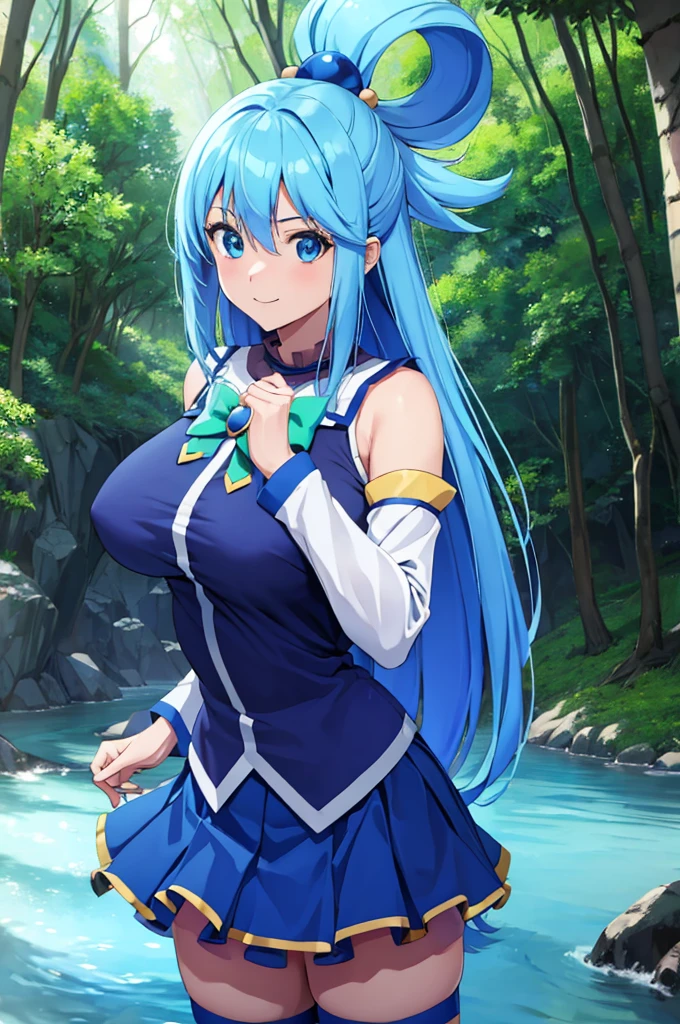 (masterpiece:1.3), (best quality:1.1), (8k, ultra detailed, ultra high res:1.2), ((anime style)), perfect 5 fingers, perfect anatomy,
1girl,
Aqua \(konosuba\),
long hair, single hair ring,
blue hair,
(blue eyes:1.2), (beatiful detailed eyes:1.2), smile, dynamic pose, heart hands, ((mystical atmosphere)),
green bow,
medium breasts,
BREAK blue shirt, blue skirt, white thighhighs, bare shoulders, detached sleeves,
looking at viewer,
cowboy shot,
standing,
natural light, outdoor, forest, sky,