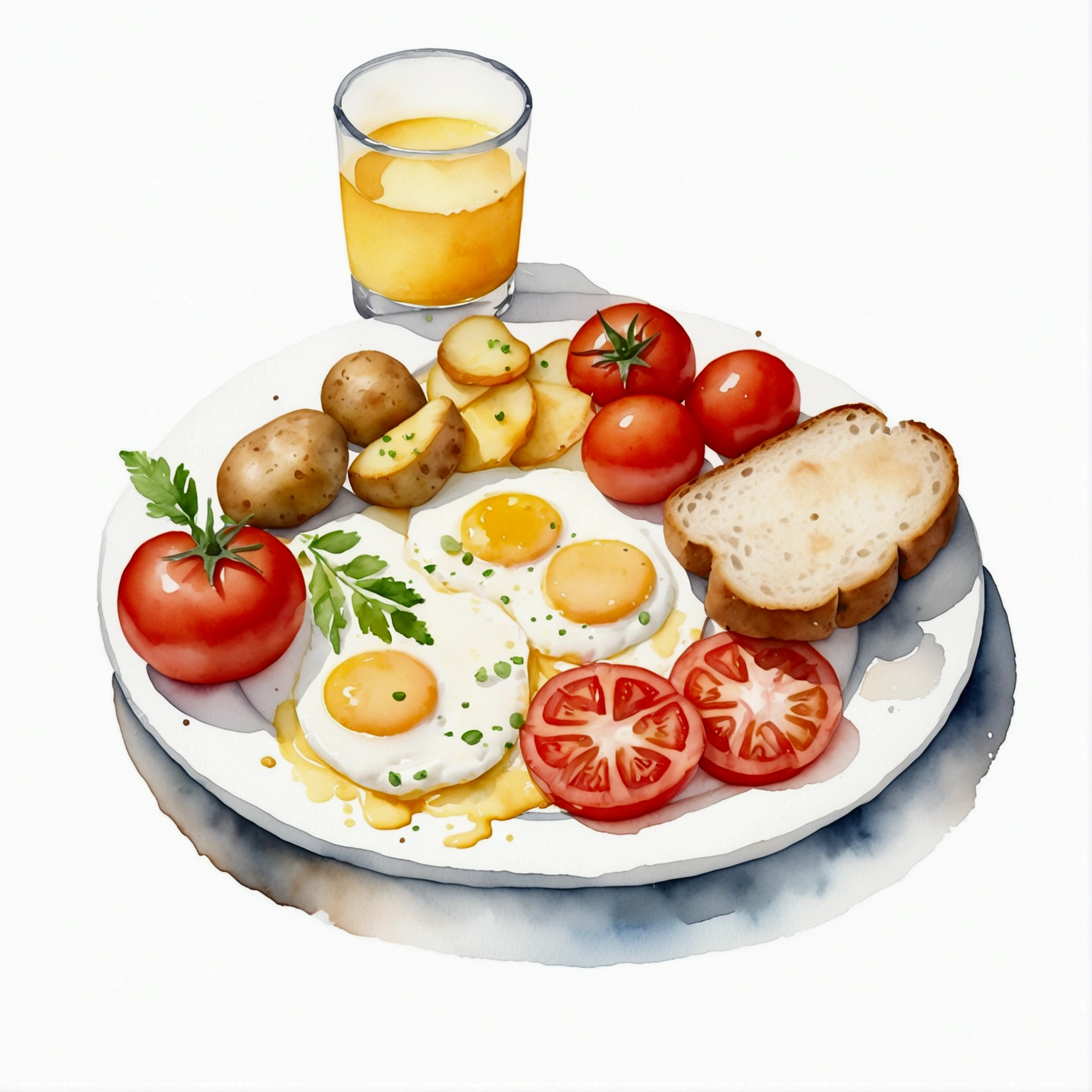 a very clean image painting of a healthy breakfast meal, a scrambled egg, a bread, a slice of roasted meat, a glass of milk , a glass of orange juice, two slices of tomatoes, three slices of potatoes, ((watercolor)), solid white background, center composition, negative space around the object, washed out color, detailed masterpiece, loose drawing, clipart, vector art, illustration