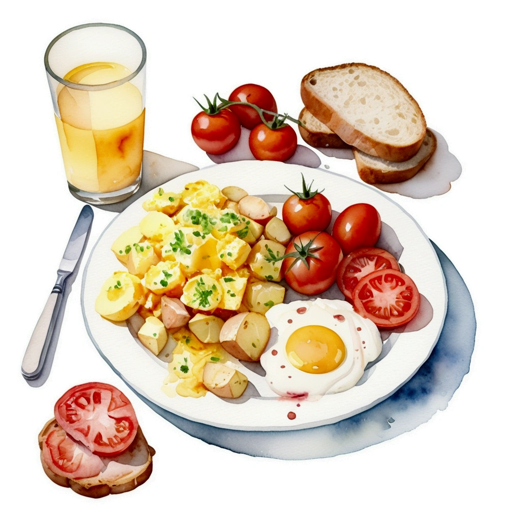 a very clean image painting of a healthy breakfast meal, a scrambled egg, a bread, a slice of roasted meat, a glass of milk , a glass of orange juice, two slices of tomatoes, three slices of potatoes, ((watercolor)), solid white background, center composition, negative space around the object, washed out color, detailed masterpiece, loose drawing, clipart, vector art, illustration