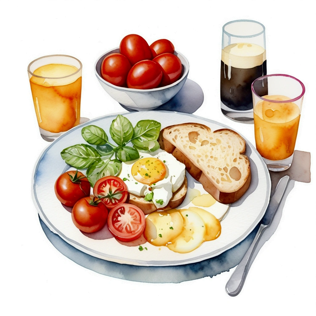a very clean image painting of a healthy breakfast meal, a scrambled egg, a bread, a slice of roasted meat, a glass of milk , a glass of orange juice, two slices of tomatoes, three slices of potatoes, ((watercolor)), solid white background, center composition, negative space around the object, washed out color, detailed masterpiece, loose drawing, clipart, vector art, illustration