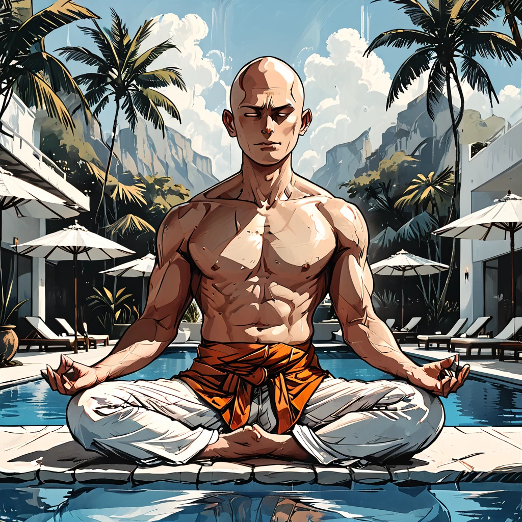 blind Buddhist monk sitting in lotus position next to the pool at the white hotel, tropical, palm, white hotel, pool, round face, white eyes, no eyebrows, no hair, bald, paw-eared, round cheeks, narrow lips, man, white sclera eyes, Whitewash Eyes, orange Kashaya, graphic style of novel comics, perfect hands, 2d,
8k, hyperrealism, masterpiece, high resolution, best quality, ultra-detailed, super realistic, Hyperrealistic art, high-quality, ultra high res, highest detailed, lot of details, Extremely high-resolution details, incredibly lifelike, colourful, soft cinematic light,