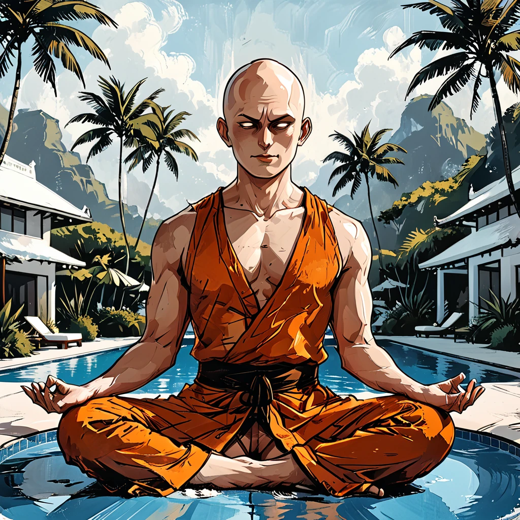 blind Buddhist monk sitting in lotus position next to the pool at the white hotel, tropical, palm, white hotel, pool, round face, white eyes, no eyebrows, no hair, bald, paw-eared, round cheeks, narrow lips, man, white sclera eyes, Whitewash Eyes, orange Kashaya, graphic style of novel comics, perfect hands, 2d,
8k, hyperrealism, masterpiece, high resolution, best quality, ultra-detailed, super realistic, Hyperrealistic art, high-quality, ultra high res, highest detailed, lot of details, Extremely high-resolution details, incredibly lifelike, colourful, soft cinematic light,
