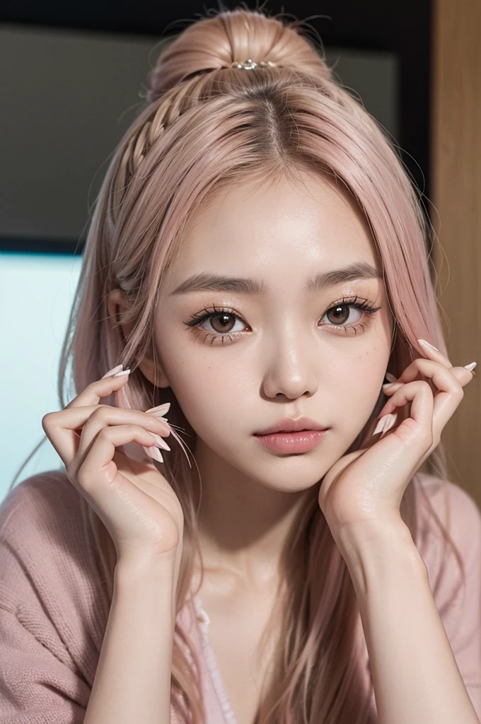 A close-up portrait of a Japanese woman in a studio setting, with beautifully styled light-colored hair and makeup. She has dusty pink nail polish on her nails, which are
