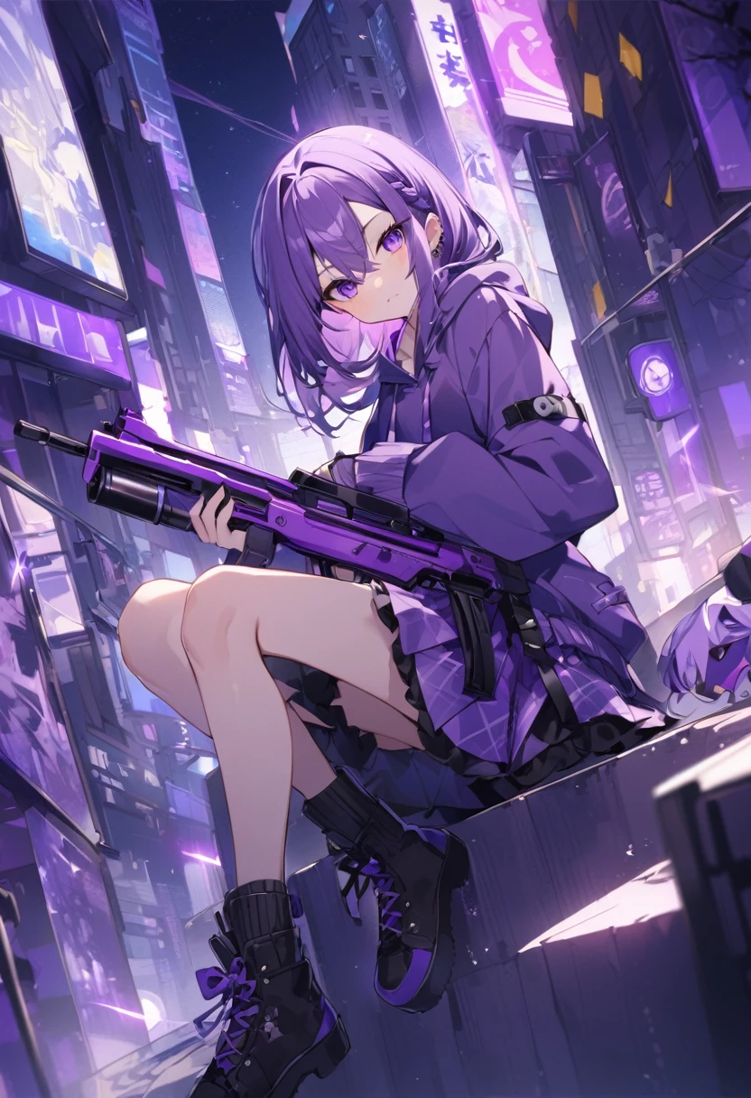 Keito。Purple Eyes。Purple Hair。Purple Skirt。Black shoes下。Black shoes。Purple hoodie。Purple City。Purple Gun