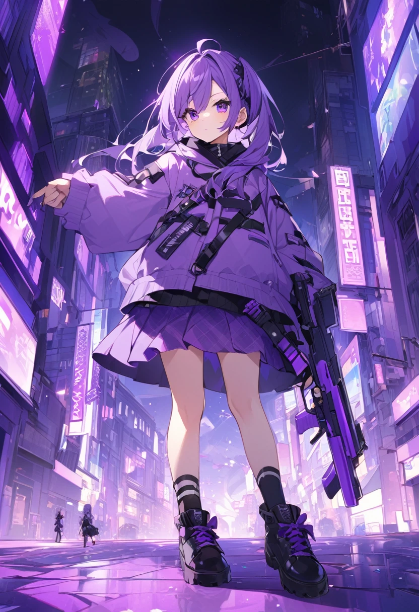 Keito。Purple Eyes。Purple Hair。Purple Skirt。Black shoes下。Black shoes。Purple hoodie。Purple City。Purple Gun