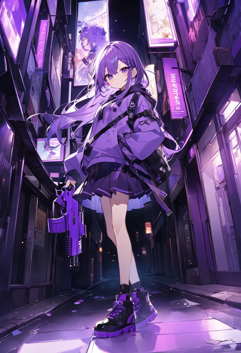 Keito。Purple Eyes。Purple Hair。Purple Skirt。Black shoes下。Black shoes。Purple hoodie。Purple City。Purple Gun