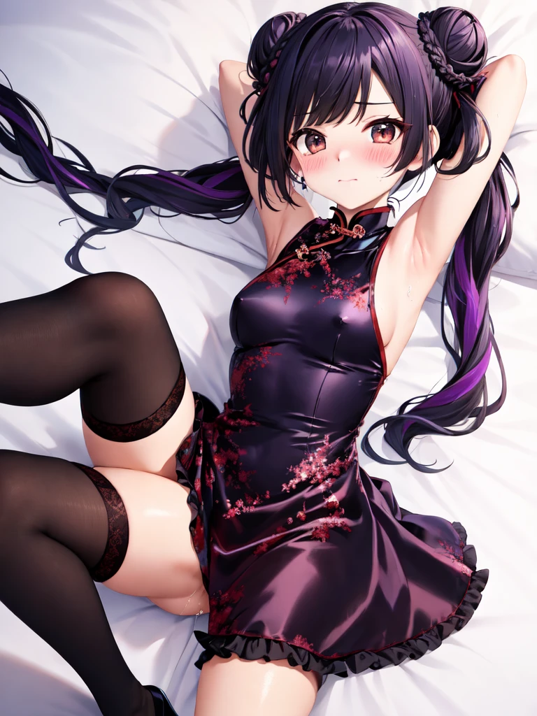 (best aesthetic,best quality,ultra high res,insanely detailed,exquisite,absolutely resolution,explicit),BREAK,(((perfect anatomy,perfect proportion,artstation female body))),BREAK,(detailed beautiful jewely catchlight gradient slant eyes),ligne claire,gleaming skin,super detailed skin,BREAK,nsfw,horny presenting,fall into pleasure,orgasm,looking at viewer,BREAK,(beautiful toddler gal,),prostitute,BREAK,small baby face,childish and super cute,((((blush)))),BREAK,Bishojo,ultra cute,Kawaii,BREAK,low body size,short stature,slender,BREAK,(((((jirai kei,yamikawa kei))))),BREAK,(black and purple ((streaked hair))),(((((double bun long twintails hair))))),BREAK,((shiny glossy metaric beautiful hair,gradient hair)),BREAK,((medium breasts)),((puffy nipples,erectile nipples,long nipples,huge areolas,bare breasts)),BREAK,(bare shoulders, china dress, chinese clothes,ultra micro mini short dress, cleavage cutout, sideboob, thighs,pelvic curtain),(satin:1.4),(sequins,lame:1.2),(shiny clothes:1.4),BREAK,(frilled thigh high knee socks:1.4),zettai ryouiki,high heels,No panties,BREAK,BREAK,(legs up,spread my legs:1.2),love hotel,(lying on bed,arms bhind back:1.4),evening,(sweet pussy,show off pussy:1.3),(dripping love juice:1.3)