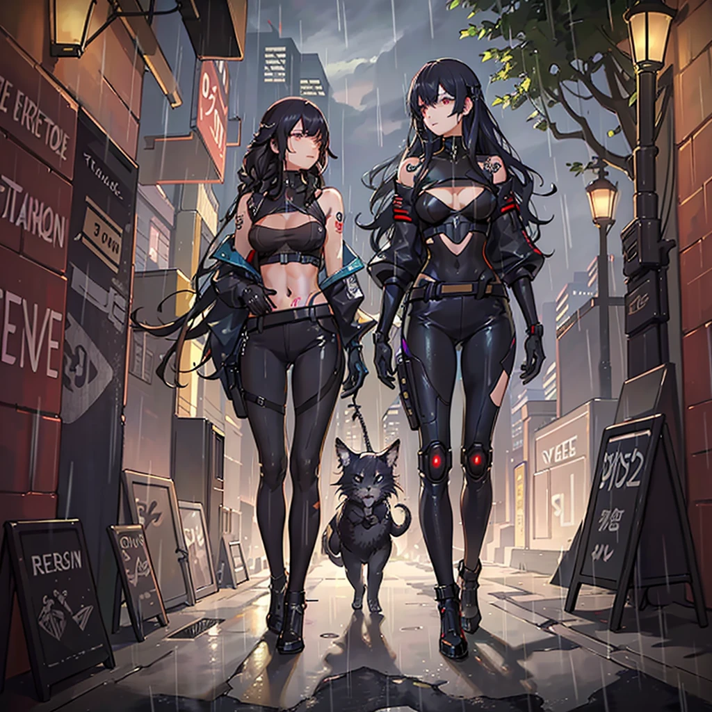 masterpiece, detailed shadows, detailed background, best quality, expressive eyes, perfect face), (((cyborg, expressive clothes)), ((long curly hair)), (wearing techwear clothes, techwear fashion, techwear trousers, cyberpunk), ,cleavage, ((expressive-tattoos)), ((in street after rain, surrounded by skyscrapers)), best view angle, vibrant neon lights, holographic advertisements, reflections on wet pavement, dramatic lighting, ethereal beauty, futuristic urban jungle)