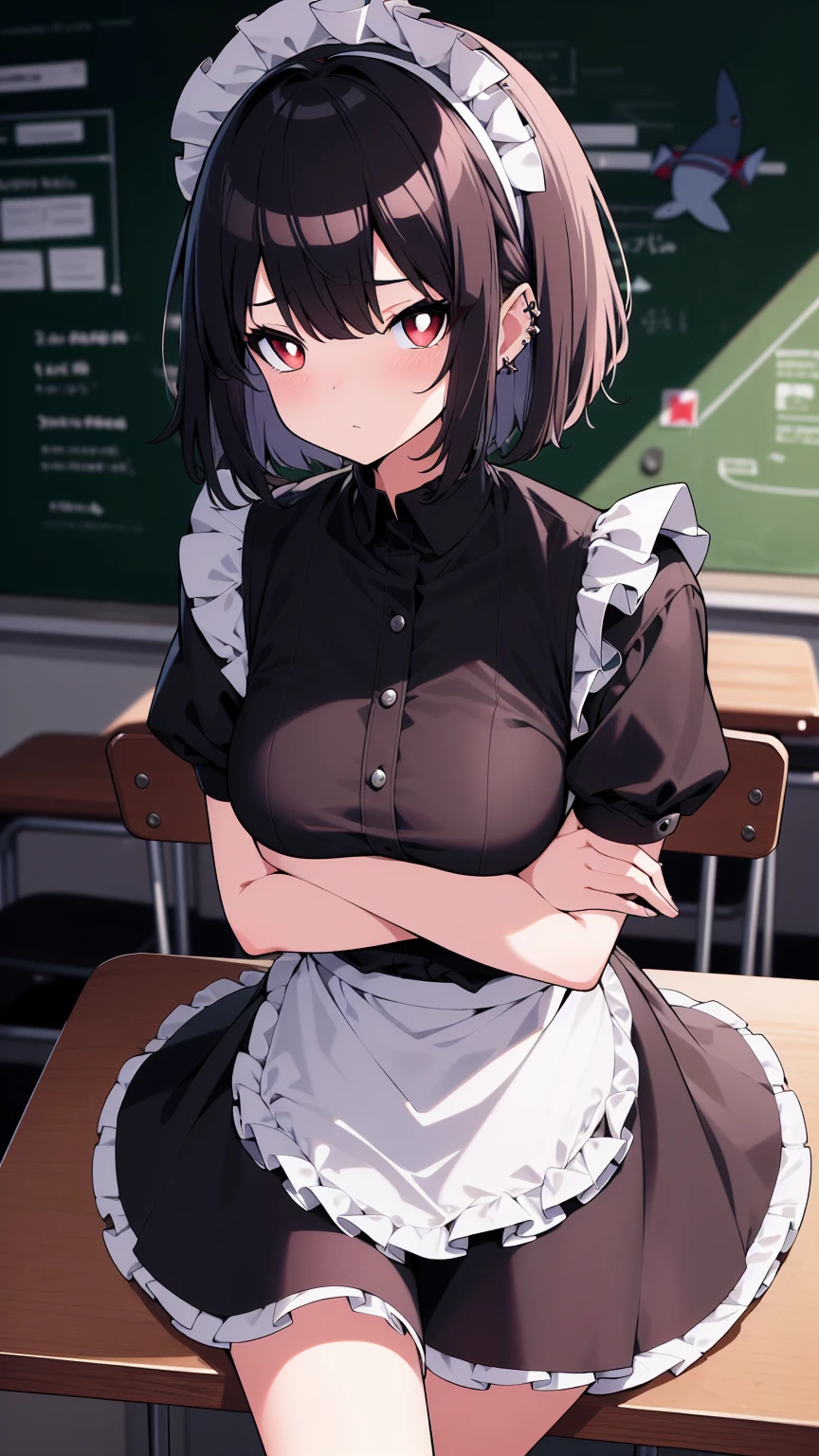 (cowboy shot),(ultra-high resolution, depth of field:1.2),Zenless Zone Zero,(Elen Joe:1.1),1woman,mature,black hair,short hair,inner color hair,(red eyes),medium breasts,crossed arms,maid dress,shark tail,maid apron,maid headdress,piercing,short sleeves,in classroom,sitting,sleepy