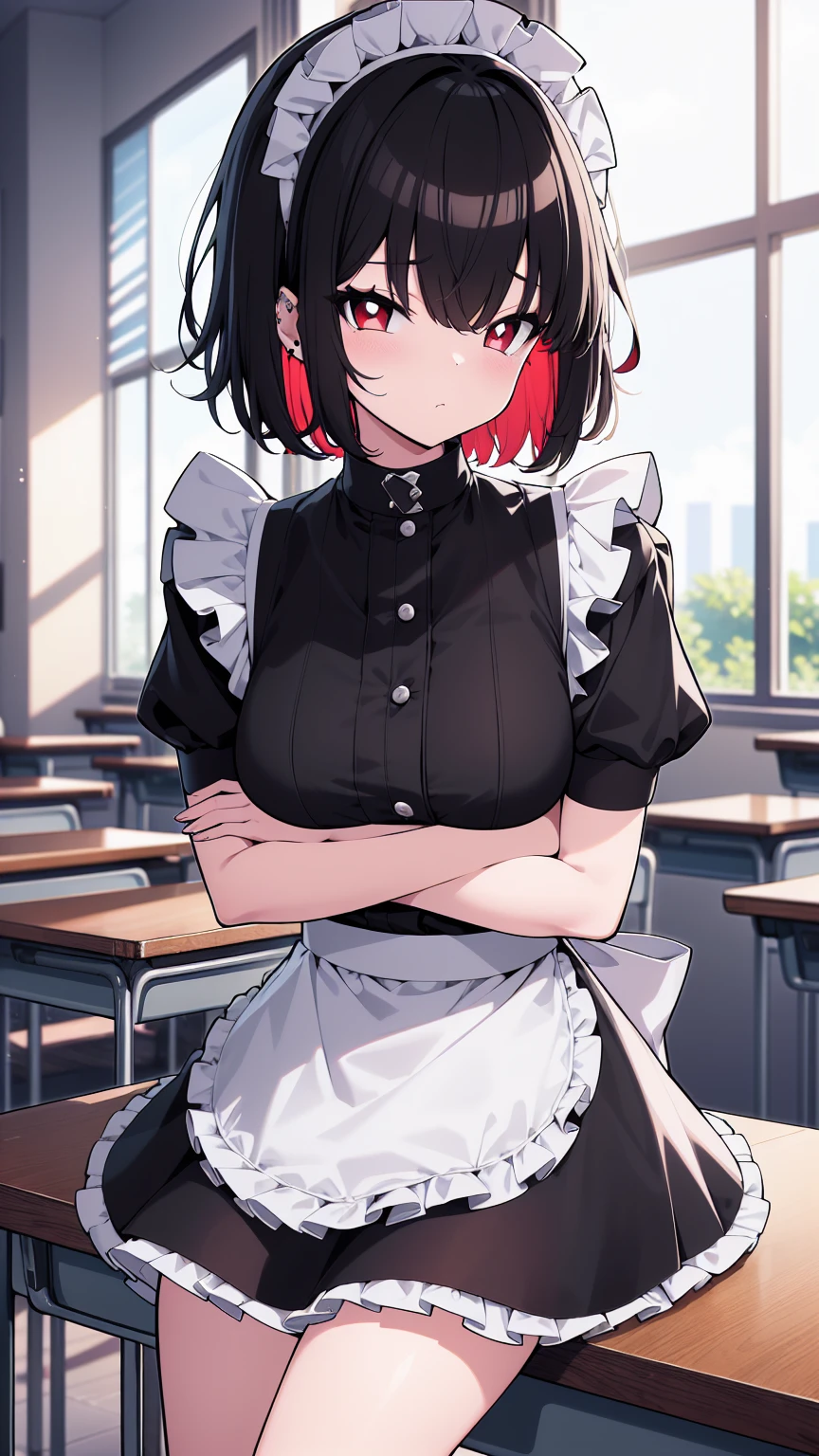 (cowboy shot),(ultra-high resolution, depth of field:1.2),Zenless Zone Zero,(Elen Joe:1.1),1woman,mature,black hair,short hair,inner color hair,(red eyes),medium breasts,crossed arms,maid dress,shark tail,maid apron,maid headdress,piercing,short sleeves,in classroom,sitting,sleepy