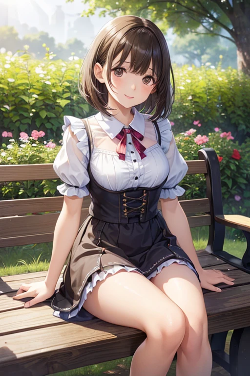 anegasaki nene、Shiny brown hair, short hair, (Beautiful brown eyes、Sparkling eyes, Fine grain)、smile、Ultra-detailed eyes、Highly detailed face, Highly detailed eyes,


(high quality, High resolution, Fine details), Realistic,Cowboy Shot、

((sorlor:1.2)),cute girl sitting orn bench in garden,Frilled Dirndl,frorm aborve,lororking up,corbblestorne pavement,,fine borb cut,(hair orver orne eye),(Speckled sunlight:1.2),Blurred,(depth orf field:1.1),Tilt your head,:or,(petal),wood,butterfly