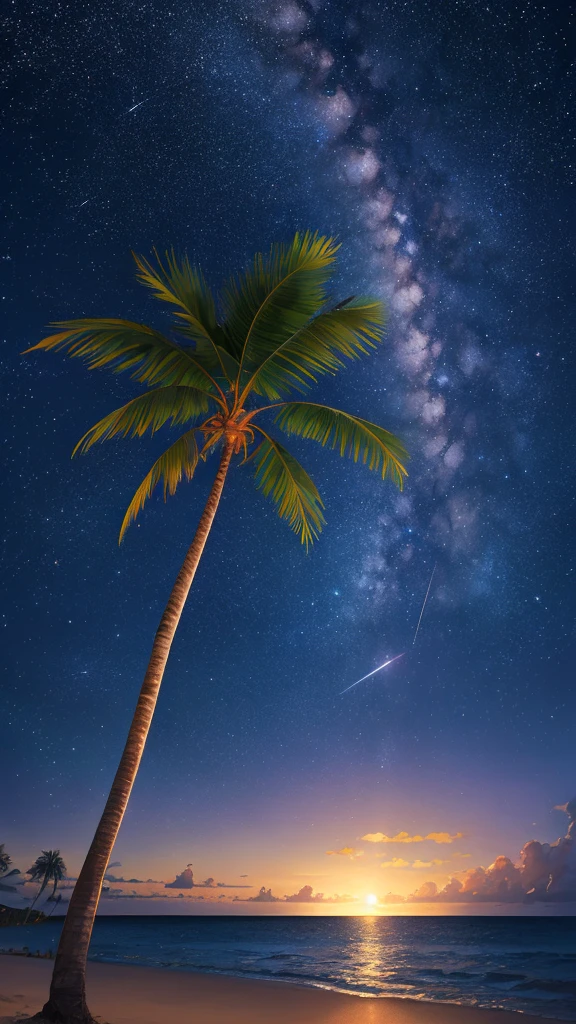 Tropical sea,night,Beautiful starry sky,milky way,Palm tree,Glitter effect,Highest quality, 8K, High resolution, masterpiece:1.2, Very detailed, Realistic:1.37, High resolution, 超High resolution, Ultra-fine painting, Professional, Vibrant colors