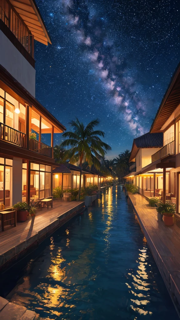 Tropical sea,night,Beautiful starry sky,milky way,Palm tree,Glitter effect,Highest quality, 8K, High resolution, masterpiece:1.2, Very detailed, Realistic:1.37, High resolution, 超High resolution, Ultra-fine painting, Professional, Vibrant colors