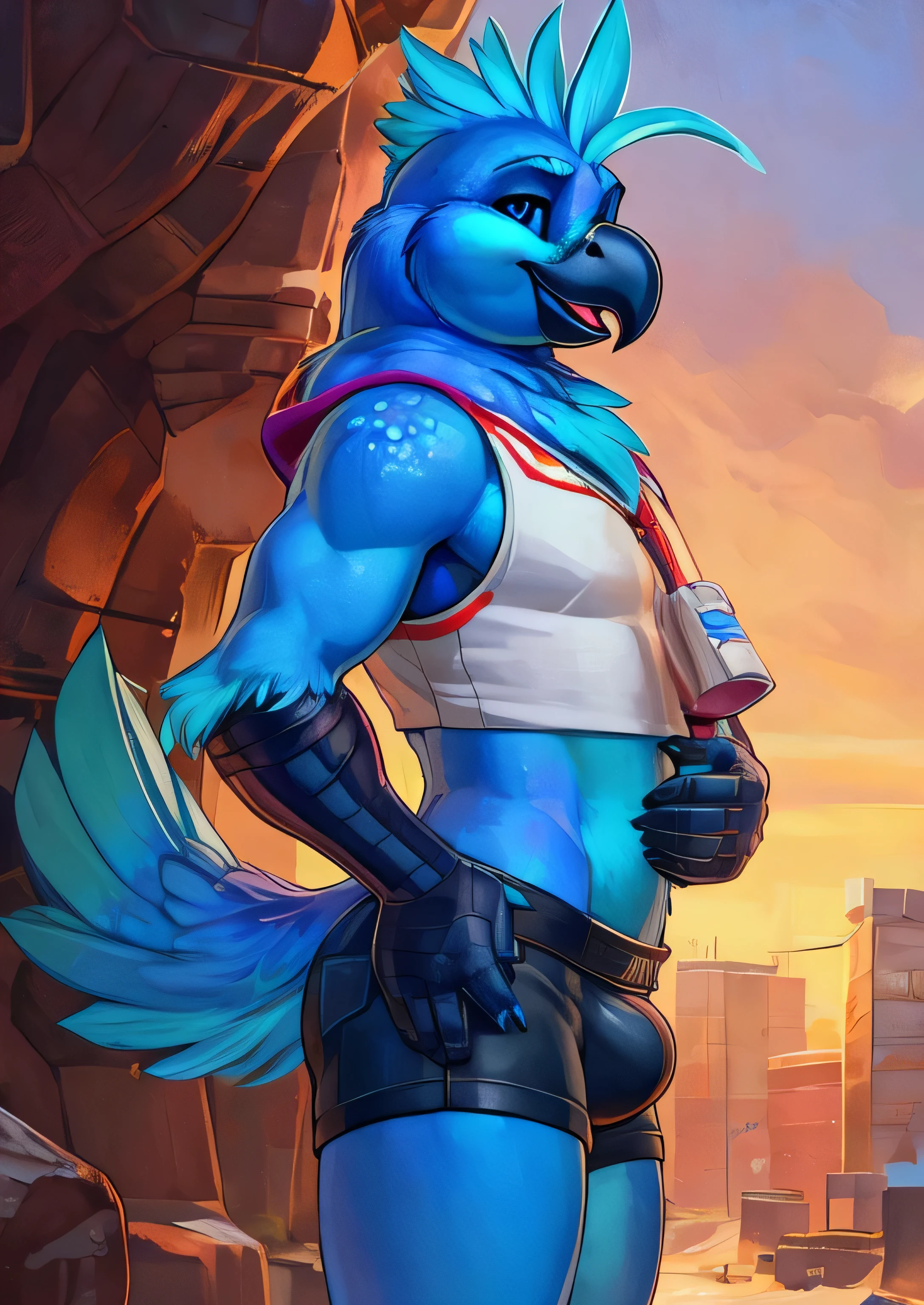 uploaded on e621, ((by PixelSketcher)), by Zaush, (by Rajii) , by Tsampikos , by Vader-San
solo male Coby, (((solo))), ((realistic)), cockatiel, anthro, furry, avian, ((clear cyan eyes)), black sclera, long cyan feather mohawk, black beak, blue body with cyan accents, bird feather tail, black bird arms, cyan claws, ((cyan glitter dots on hips)), neck tuft, (bulge,) crotch tuft, ((half-length portrait)), BREAK, (detailed Colin Campbell Cooper blue bird), (feminine, curvy), (((slim))), (skinny), twink, gay, ass, (detailed Bonifasko lighting), (chibi:1.2), (detailed skin), BREAK, (dynamic pose, seductive pose:1.3),
(outdoors, ghetto basket ball court at sunset) ((denim shorts, crop top, sneakers, backwards cap, arm warmers)), (cinematic lighting), ((detailed background)),
(((three-quarter view))), (half body shadow), (happy, wide eyes, cute), (ass focus), [backlighting], [crepuscular ray], [detailed ambient light], [gray natural lighting], [ambient light on the belly], [higher feather detail], [fluffy feather texture],
[realistic proportions], [explict content], [sharp focus], (questionable content), (shaded), ((masterpiece)), BREAK