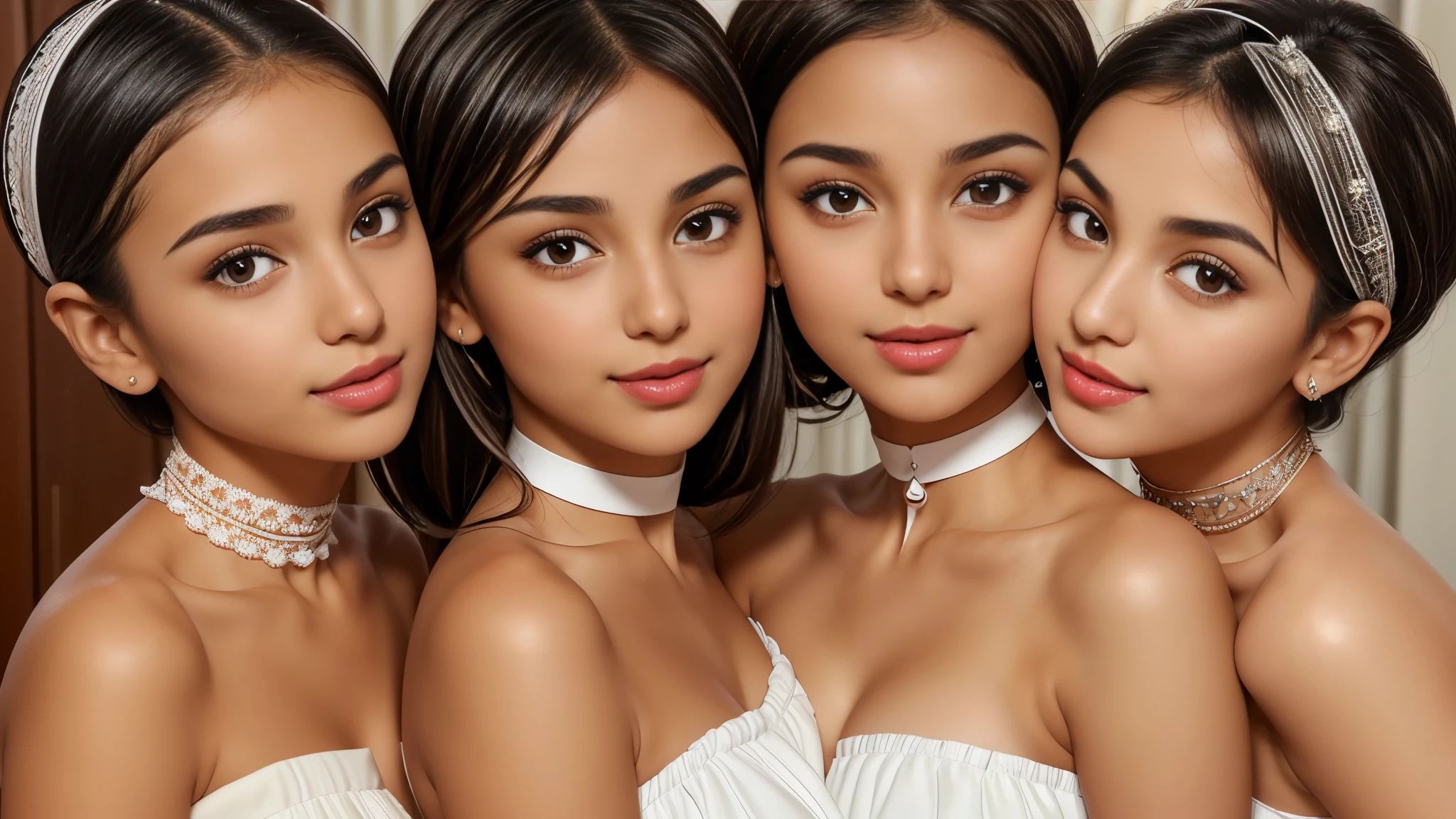 Three girls, (cute white arab women, 18 years old, round face shape, small nose, thin nose, thin nostril, small nose-tip, beautiful small delicate nose, (very thin) round eyebrows, (very thin eyebrows), perfect thin lips, red lipstick, (big) (round) feminine cheeks, cheek dimples, very cute cheeks, prominent round:1.8 cheekbones, clean skin, tan:1.8 skin, black short hair, choker, big brown (drop) eyes, wearing a (white) strapless mini dress) smiling), (kissing:1.2), (Masterpiece), (Realistic), (best quality), (8K), ultra detailed, UHD, RAW,