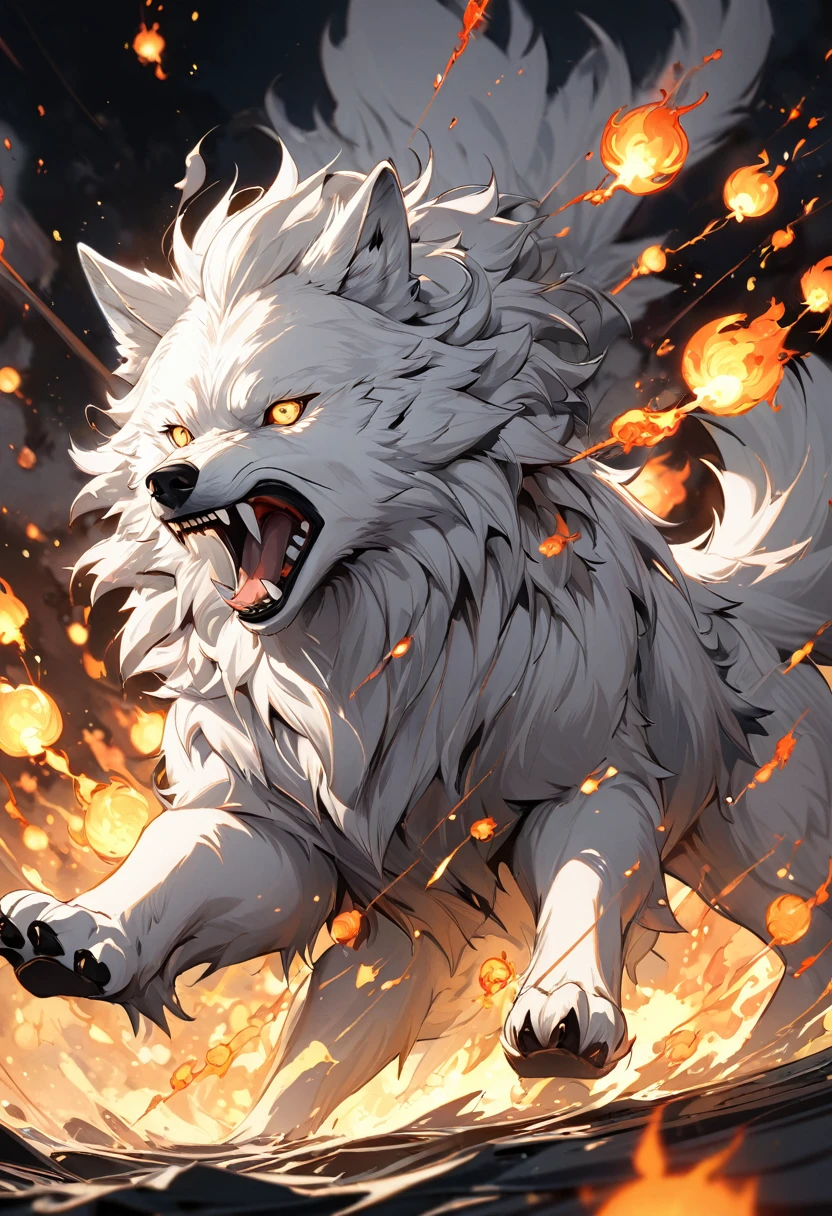 Highest quality, Super quality, 16K, Incredibly absurd, Very detailed, 2.5D, Delicate and dynamic depiction, black and white wolf、Fireballs all around、mysterious