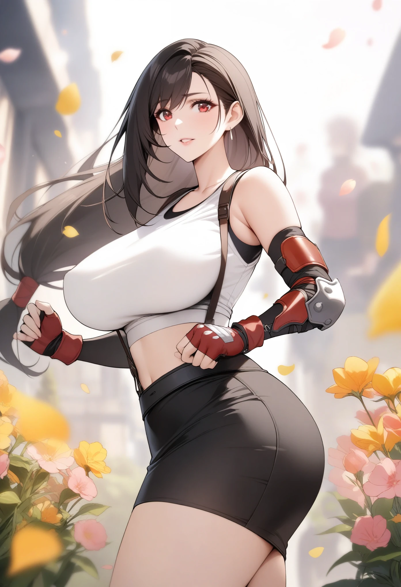 masterpiece, best quality, very aesthetic, absurdres, 1girl, mature_lady,tifa lockhart, final fantasy, long black hair, red eyes, white crop top, elbow pad, fingerless gloves, suspenders, white tshirt, short skirt, miniskirt, pencil skirt,,surrounding by flowers,falling_petals, outdoors, petals,,,blur background,background defocus,
