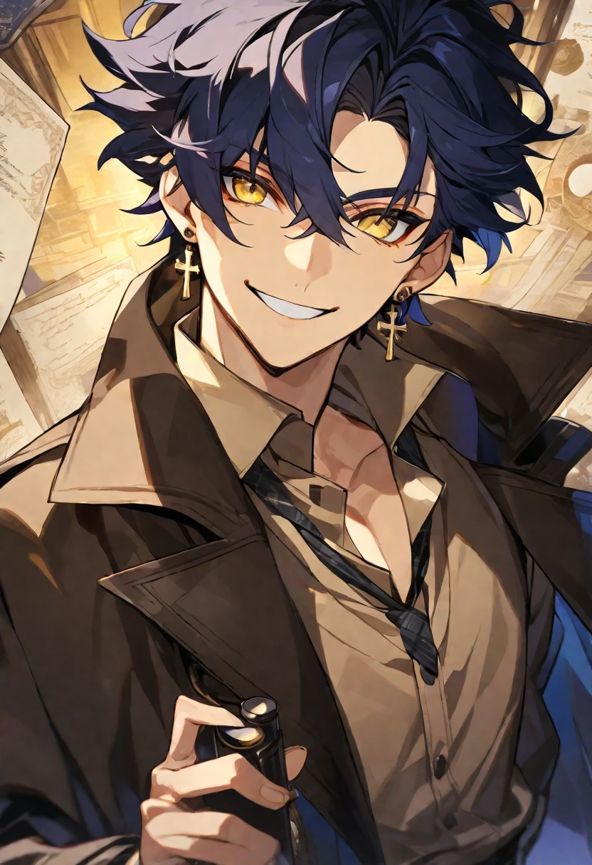 Solo,1 male, dark blue hair, yellow eyes, cross earring, black coat, light brown shirt, detective, smile facial