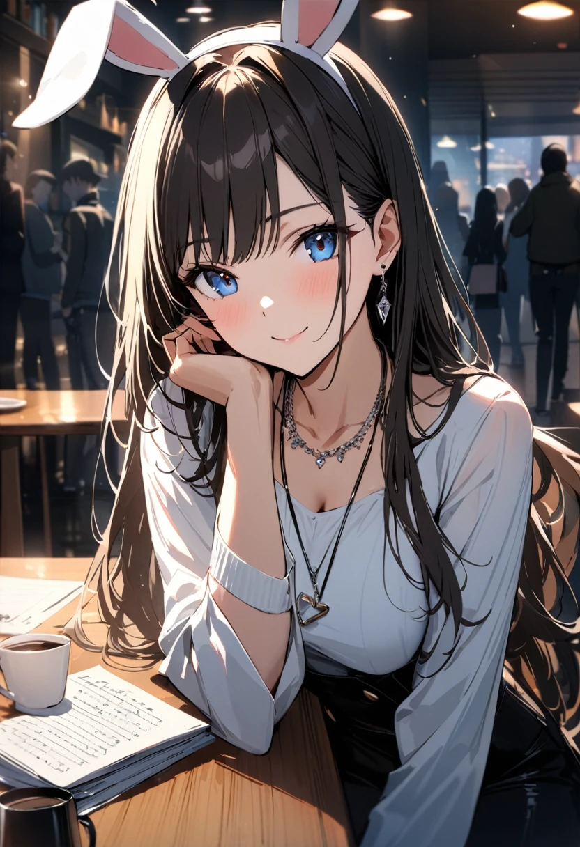 Masterpiece, highest quality, ultra-definition, ultra-fine, 4K, 8K, highest quality, beautiful, cute woman, solo,marin kitagawa, beautiful eyes, long hair, rabbit ears, smile),
break
Cozy cafe scenery, coffee on the table, food, coffee cups, crowd in the background,
break
Prada, necklaces, earrings, accessories, bags,
break
Fantastic lighting, bloom, extraordinary resolution, super detail, top quality, high resolution, audio notes,