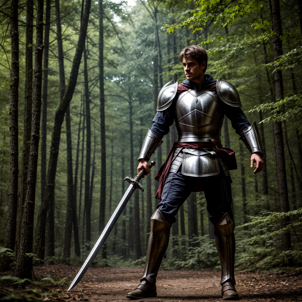 hero with a sword in armor in the forest