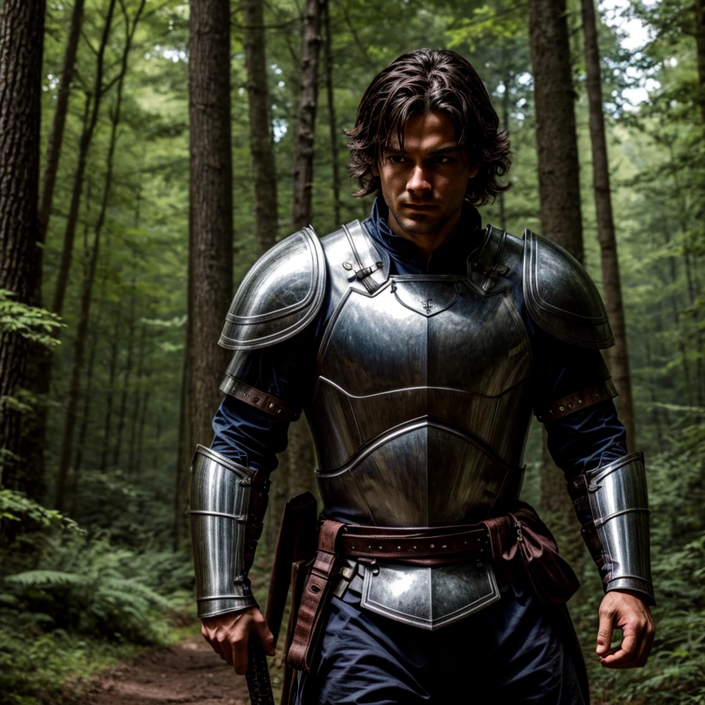 hero with a sword in armor in the forest