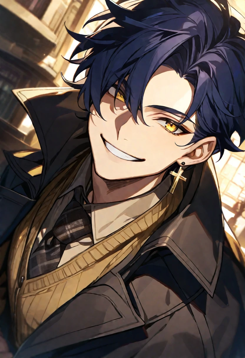 Solo,1 male, dark blue hair, yellow eyes, cross earring, black coat, light brown shirt, detective, smile facial