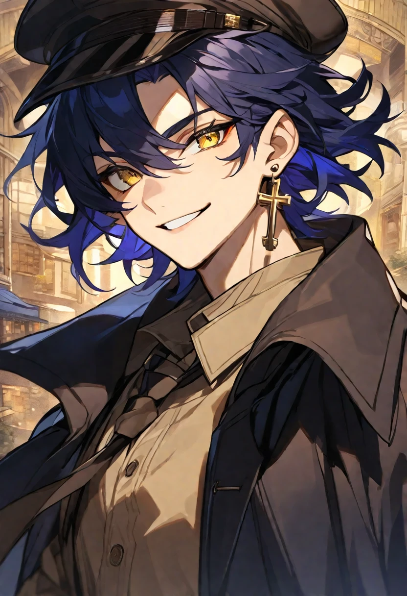 Solo,1 male, dark blue hair, yellow eyes, cross earring, black coat, light brown shirt, detective, smile facial