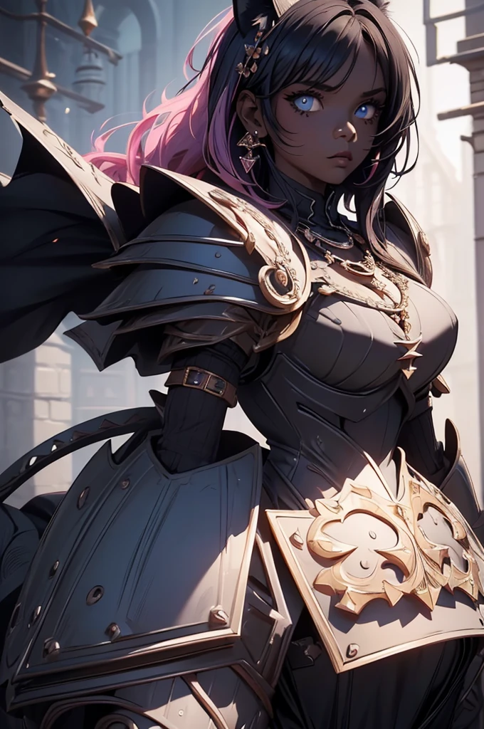 {{{official art}}}, {{solo}}, {Adult}hair strand}, {{medium breasts}}, {cleavage}, {hair ornament}, necklace, earrings, two toned hair, pink hair, black hair, cat girls, knights armors  cat girl, blue eyes, armor (sexy body),((Detailed dark fantasy armor dress:1.5)),((intricate detailes,detailed dress)), (Beautiful dress in every detail), Great sword