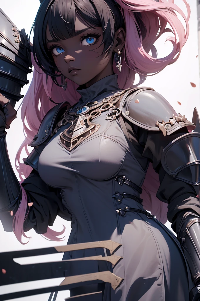 {{{official art}}}, {{solo}}, {Adult}hair strand}, {{medium breasts}}, {cleavage}, {hair ornament}, necklace, earrings, two toned hair, pink hair, black hair, cat girls, knights armors  cat girl, blue eyes, armor (sexy body),((Detailed dark fantasy armor dress:1.5)),((intricate detailes,detailed dress)), (Beautiful dress in every detail), Great sword