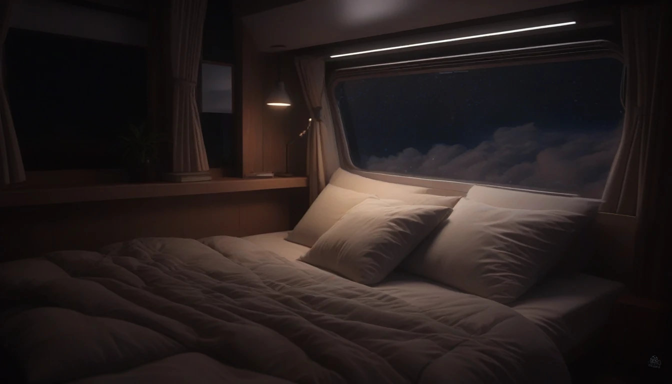 there is a bed with pillows and a blanket in a small room, dimly lit bedroom, comfy ambience, cozy environment, cozy bed, comfy lighting, lit in a dawn light, bed on the right, night fill lighting, cozy setting, cozy atmospheric, dramatic ambient lighting, ambient lighting at night, dim bedroom, cozy and peaceful atmosphere, bright ambient lighting