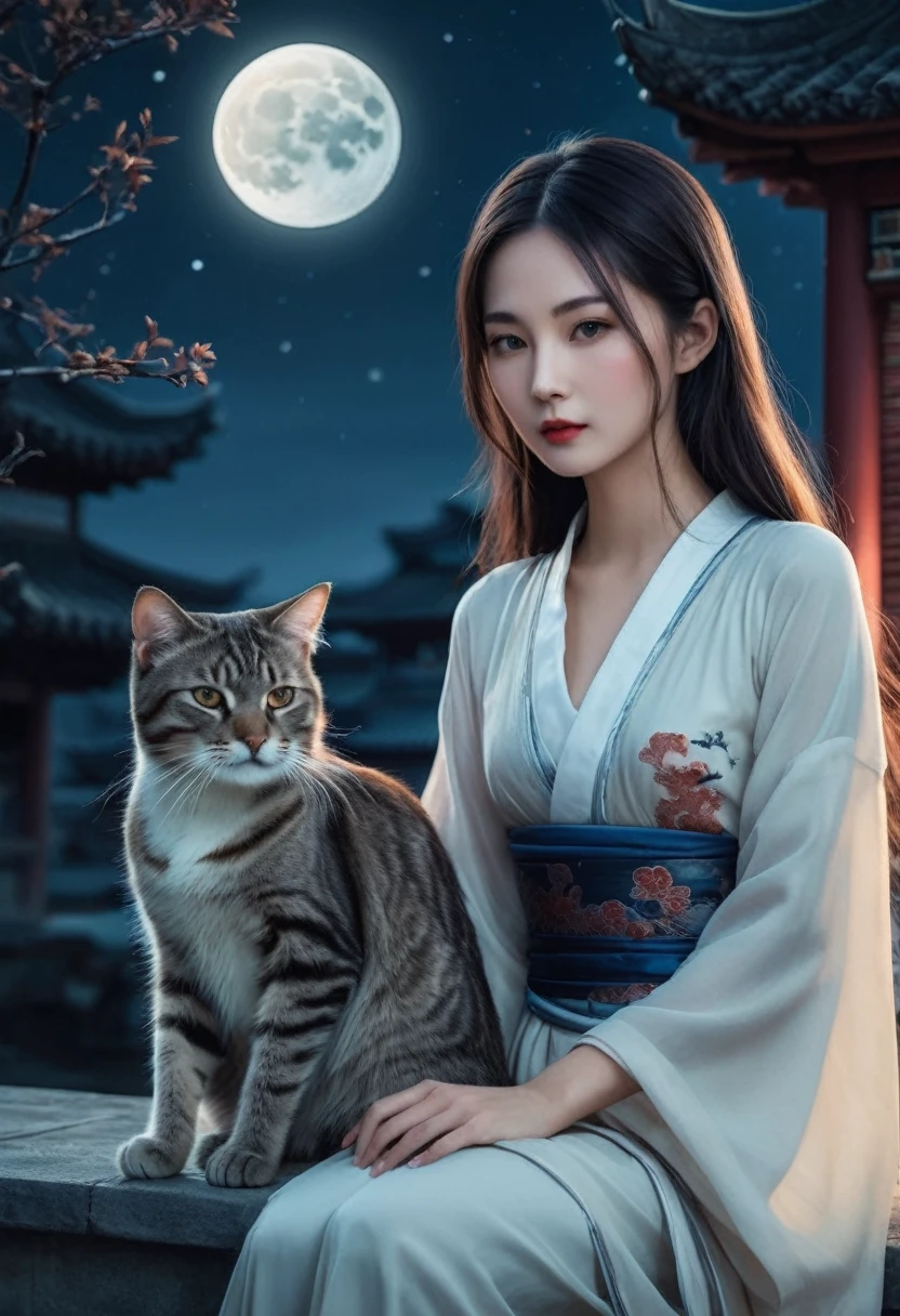 Apparition , Girl, Cat girl, Beautiful oriental woman, Moonlit Night Background , Realistic Women, lovely