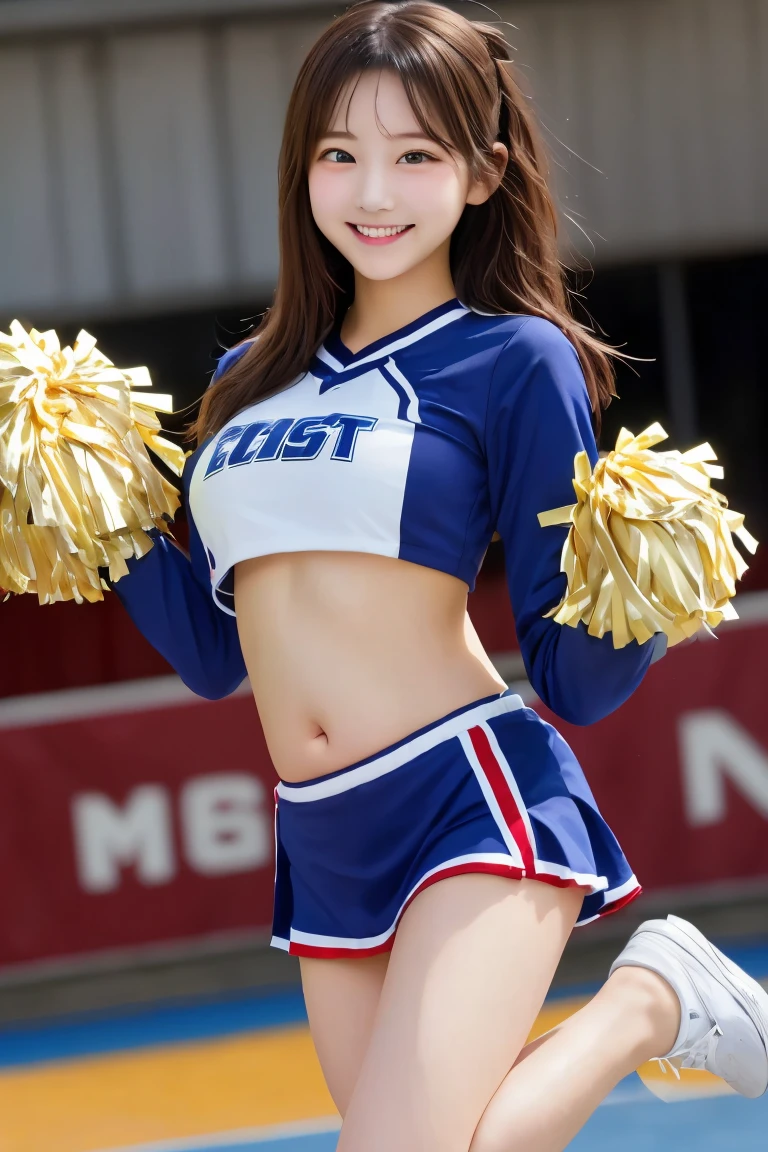 Highest quality, (beautiful)、cheer leading、Soft 、smile、Jump、Larger breasts、Belly button