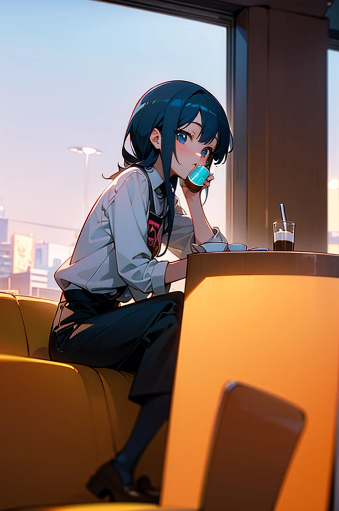 Anime girl drinking coffee in a cafe with city view, Mysterious Coffee Shop Girl, Lo-fi Girl, Gweiz-style artwork, Anime girl drinking energy drink, Anime Art Wallpapers 8K, Portrait of Rofi, Anime Style 4k, Sitting alone in a café, anime art wallpaper 4k, anime art wallpaper 4k,
