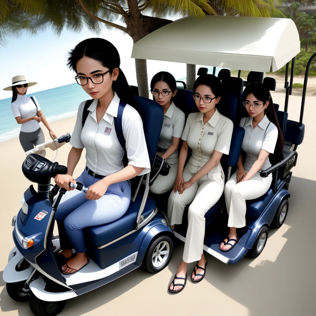 Thai female employee wearing glasses wearing a white shirt and navy blue pants driving a golf cart, with 6 Arab female guests sitting in the same cart enjoying the ride, with a seaside background