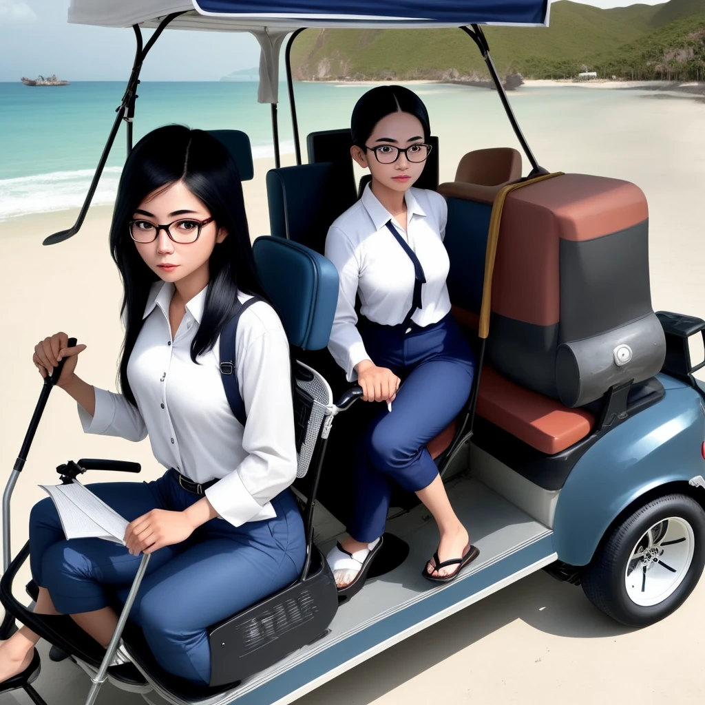 Thai female employee wearing glasses wearing a white shirt and navy blue pants driving a golf cart, with 6 Arab female guests sitting in the same cart enjoying the ride, with a seaside background