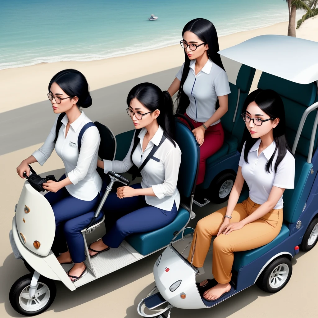 Thai female employee wearing glasses wearing a white shirt and navy blue pants driving a golf cart, with 6 Arab female guests sitting in the same cart enjoying the ride, with a seaside background