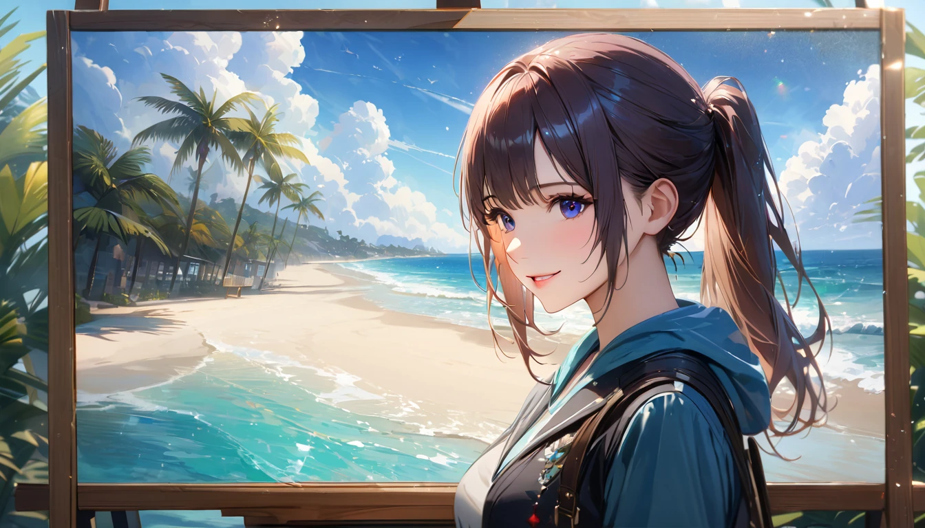 Sparkling sea and tropical ocean, A clear sky with fluffy white clouds, Palm trees along the coast, Blur the background,Pleasant sea breeze,high school girl,ponytail,smile,Glitter effect,Highest quality, 4K, 8K, High resolution, masterpiece:1.2, Very detailed, Realistic:1.37, High resolution, 超High resolution, Ultra-fine painting, Sharp focus, Physically Based Rendering, Very detailedな説明, Professional, Vibrant colors