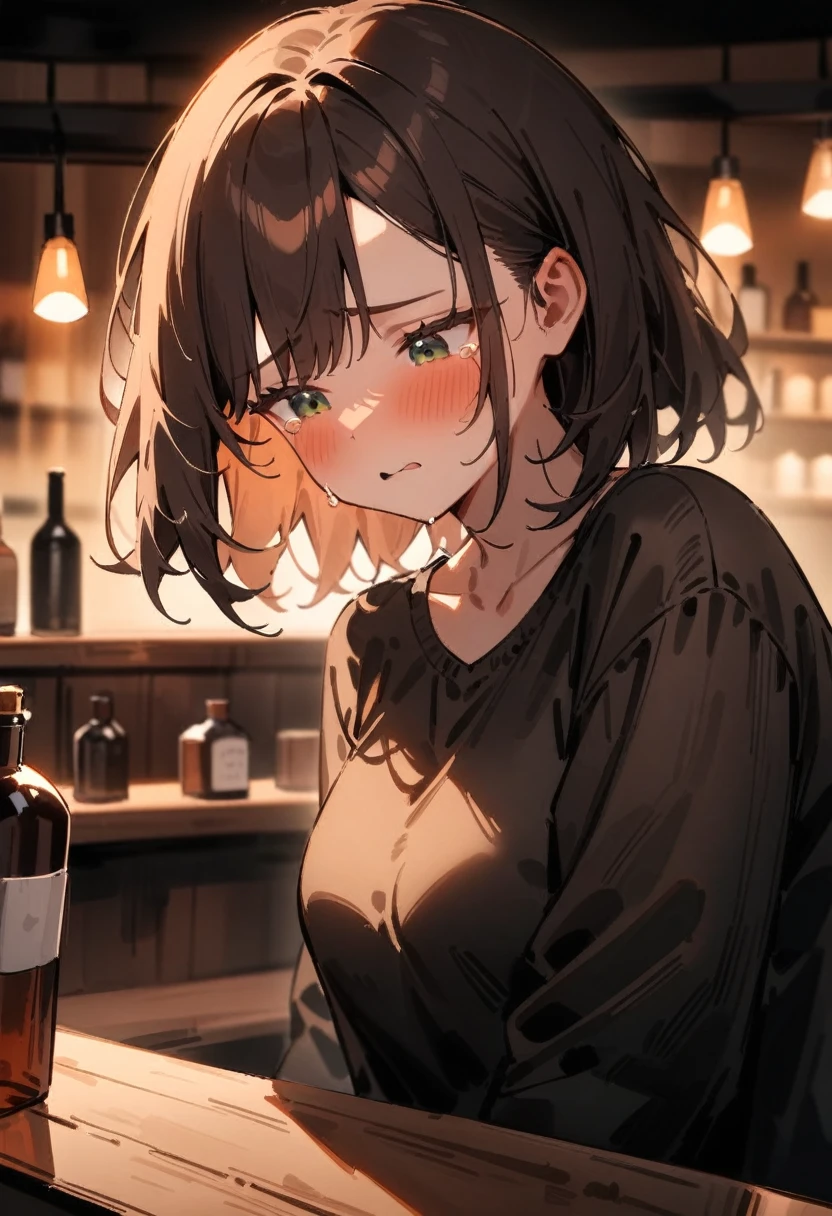 masterpiece, best quality, very aesthetic, absurdres, newest, 1girl, solo, asymmetrical bangs, tareme, late 20s, medium brown hair, green eyes, streaming tears, looking down, regrettable, pained expression, casual clothes, dimly lit bar, cozy rustic bar setting, warm lighting, melancholic mood, slightly elevated angle, upper body, bar counter, empty bottles