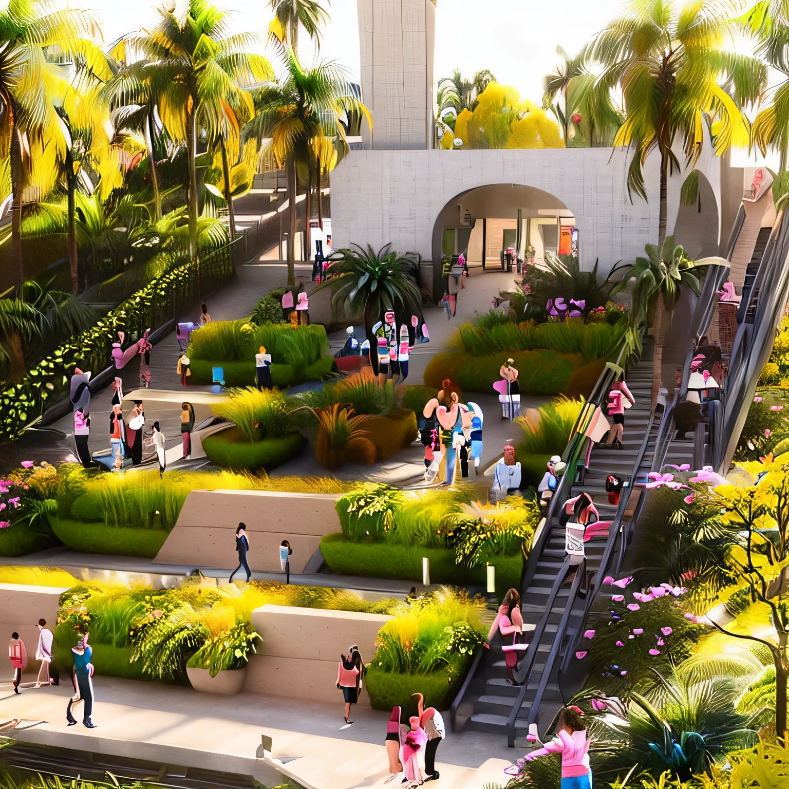 Designing the public space of an industrial park under bridge, with food stalls and green spaces on one side of it. The design includes people walking around, grassy areas, flower beds, concrete benches for rest and sitting area. There is also lush vegetation and palm trees. In front there's outdoor dining area and red flowers in bloom. A small part showing signs of decorative stone work on walls and entrance to building. This all creates a lively atmosphere within this urban environment. 