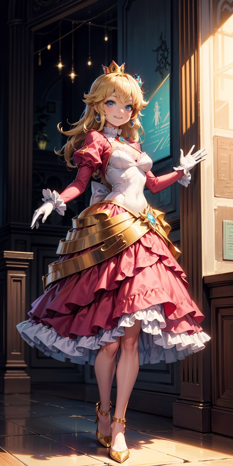 ((Full-length photo, standing, feet on the ground)) (masterpiece, best quality:1.2), 1girl, solo, (flat color:1.1), (princess peach:1.1), from the mario franchise, pink and gold, long blonde hair, large breasts, pink dress with puffy sleeves, white gloves, pink high heels, blue eyes, gold crown, royal demeanor, standing in the mushroom kingdom, waving with a warm smile, hopeful and kind expression, ( background:0.3), (solid circle eyes:0.7)