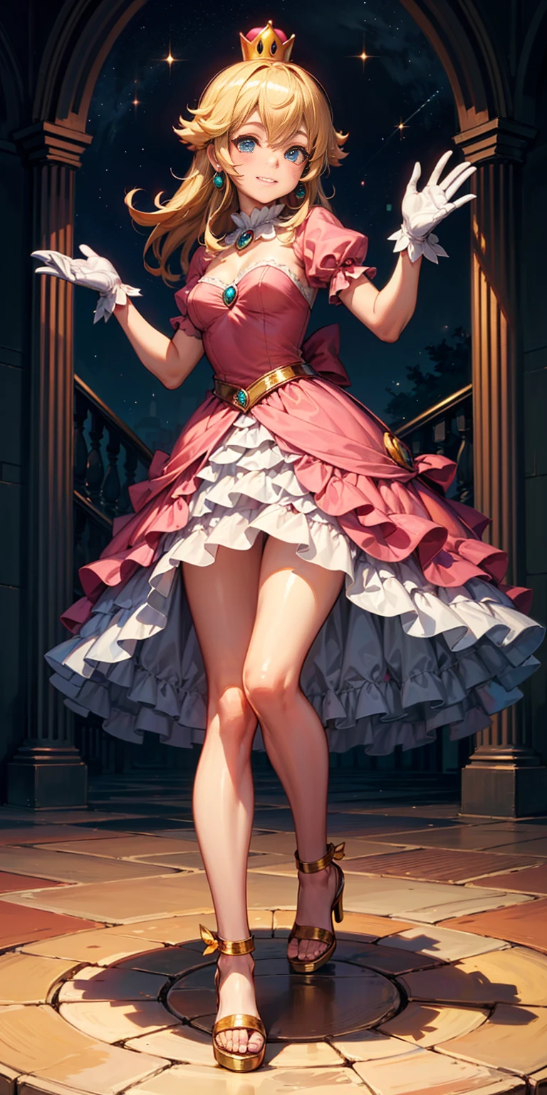 ((Full-length photo, standing, feet on the ground)) (masterpiece, best quality:1.2), 1girl, solo, (flat color:1.1), (princess peach:1.1), from the mario franchise, pink and gold, long blonde hair, large breasts, pink dress with puffy sleeves, white gloves, pink high heels, blue eyes, gold crown, royal demeanor, standing in the mushroom kingdom, waving with a warm smile, hopeful and kind expression, ( background:0.3), (solid circle eyes:0.7)