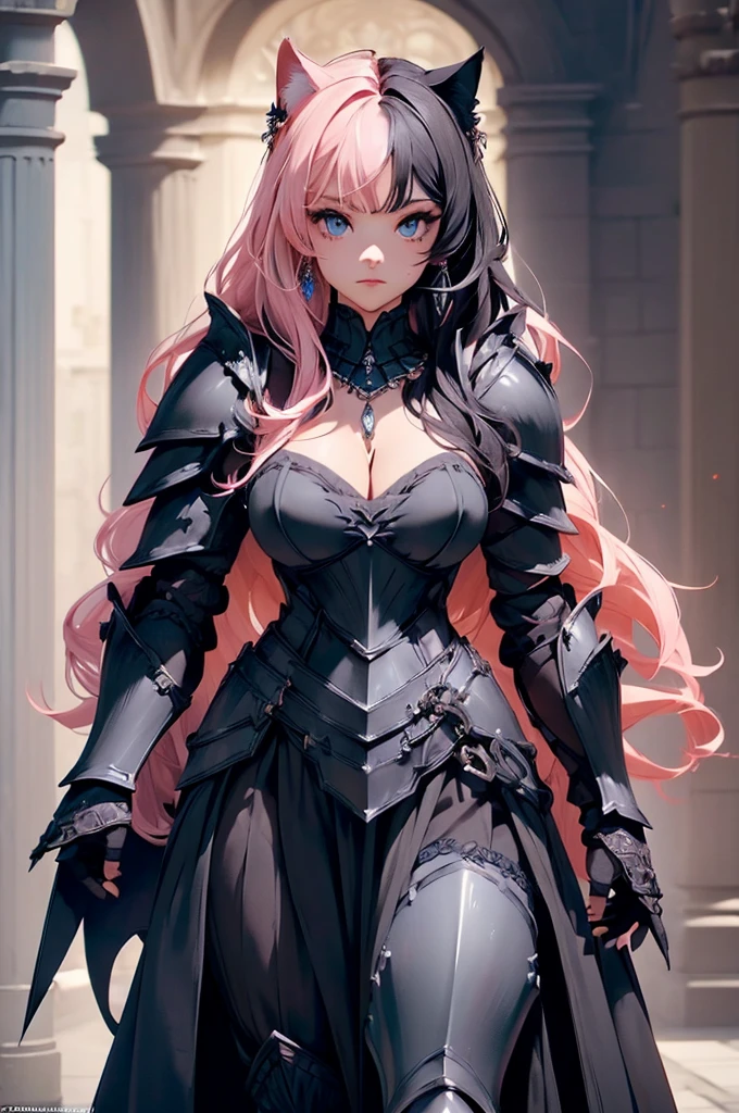 {{{official art}}}, {{solo}}, {Adult}hair strand}, {{medium breasts}}, {cleavage}, {hair ornament}, necklace, earrings, two toned hair, pink hair (top half), black hair (bottom half) , cat girls, knights armors cat girl, blue eyes, armor (sexy body),((Detailed dark fantasy armor dress:1.5)),((intricate detailes,detailed dress)), (Beautiful dress in every detail), great sword one back