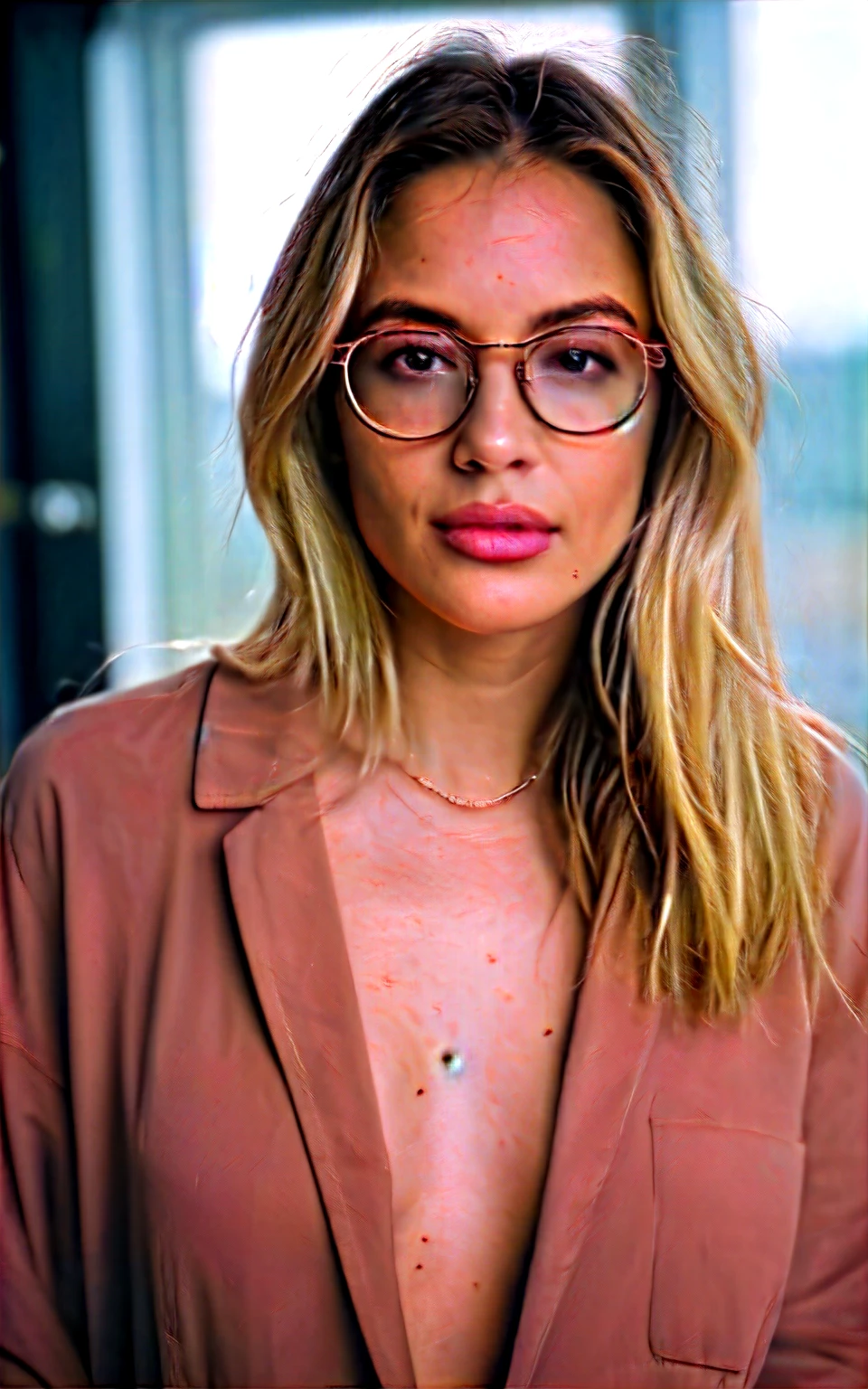 a beautiful 35-year-old woman, light brunette, close-up, girl next door, baggy clothes, makeup, lips, glasses, night, messy blonde hair, film grain, retro, Porta 160 color, shot on ARRI ALEXA 65, sharp focus on subject, Fujifilm XT-3, nude