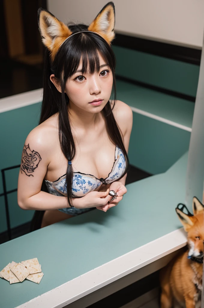 (Highest quality:1.2),32k HDR,High resolution,(20-year-old woman),(Ultra Wide Angle),(View from above:1.2),((Glaring at the camera)),(Japanese women),(Tattoo),Flat bangs,Dark Room,Medium chest,Squat with your feet apart,Show off your crotch,両腕をhandcuffsで繋がれている,((handcuffs)),薄Dark Room,ruins,Embarrassed, moist eyes,Sad expression,Looking into the camera,Very beautiful eyes,Flat Chest,Tragic,A fleeting expression,,((全身にTattoo)),((Constraints)),((Lock)),((Plate at your feet,Dog food dish)),((Staring straight ahead)),((Fox ears on head)),((Fox&#39;s Tail)),((short hair,Shaggy,Bob,long)),(Red Hair,Brown Hair,Black Hair,Silver),(Maid clothes),((Dark eyeliner)),((Slanted Eyes)),((Big eyes)),((Hands)),((Women who are kept)),((Pets)),