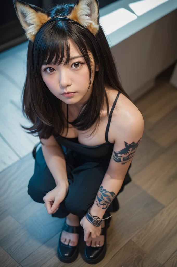 (Highest quality:1.2),32k HDR,High resolution,(20-year-old woman),(Ultra Wide Angle),(View from above:1.2),((Glaring at the camera)),(Japanese women),(Tattoo),Flat bangs,Dark Room,Medium chest,Squat with your feet apart,Show off your crotch,両腕をhandcuffsで繋がれている,((handcuffs)),薄Dark Room,ruins,Embarrassed, moist eyes,Sad expression,Looking into the camera,Very beautiful eyes,Flat Chest,Tragic,A fleeting expression,,((全身にTattoo)),((Constraints)),((Lock)),((Plate at your feet,Dog food dish)),((Staring straight ahead)),((Fox ears on head)),((Fox&#39;s Tail)),((short hair,Shaggy,Bob,long)),(Red Hair,Brown Hair,Black Hair,Silver),(Maid clothes),((Dark eyeliner)),((Slanted Eyes)),((Big eyes)),((Hands)),((Women who are kept)),((Pets)),