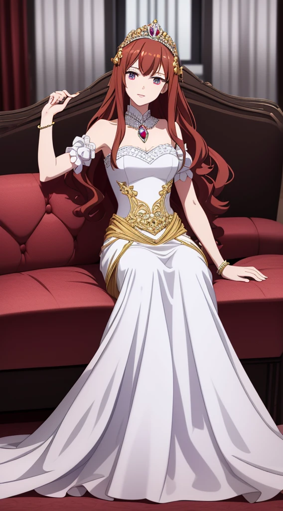 ## Prompt:
**Subject:** A young princess, perched elegantly on a plush velvet sofa. Her back is turned slightly, as if she's just settled in after a graceful pivot. A composed and calm smile plays on her lips. Long, flowing auburn hair in bouncy waves cascades down her back, contrasting with the soft blue of the sofa. Her bright red eyes sparkle with curiosity and mischief as she peeks over her shoulder, a teacup held delicately in one hand. The other hand rests on the armrest, a silver bracelet with a ruby gem hinting at her royal lineage. Her dress is a delightful mix of cute and regal. Light blue lace trims the bodice of a pale yellow gown, adorned with delicate floral embroidery that shimmers with hints of gold thread. The overall feeling is one of friendliness and approachability, with a subtle hint of the stoicism and calmness one expects from a princess.
**Style:** Fantasy, anime, cute
