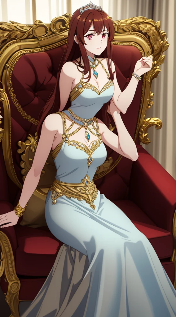 ## Prompt:
**Subject:** A young princess, perched elegantly on a plush velvet sofa. Her back is turned slightly, as if she's just settled in after a graceful pivot. A composed and calm smile plays on her lips. Long, flowing auburn hair in bouncy waves cascades down her back, contrasting with the soft blue of the sofa. Her bright red eyes sparkle with curiosity and mischief as she peeks over her shoulder, a teacup held delicately in one hand. The other hand rests on the armrest, a silver bracelet with a ruby gem hinting at her royal lineage. Her dress is a delightful mix of cute and regal. Light blue lace trims the bodice of a pale yellow gown, adorned with delicate floral embroidery that shimmers with hints of gold thread. The overall feeling is one of friendliness and approachability, with a subtle hint of the stoicism and calmness one expects from a princess.
**Style:** Fantasy, anime, cute