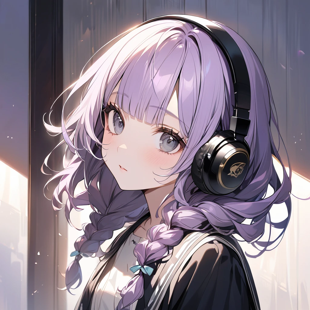 (Cute a girl:1.5), (a chibi girl with closs hair pin, pale purple hair, wavy two braids, blunt bangs hair, green and black eyes:1.4), anime visual, (tilt head:1.3), realistic lighting and shading, (an extremely delicate and beautiful art:1.3), (from side:1.5), (square black headphones:1.5), Marshall logo on headphones, looking lonely