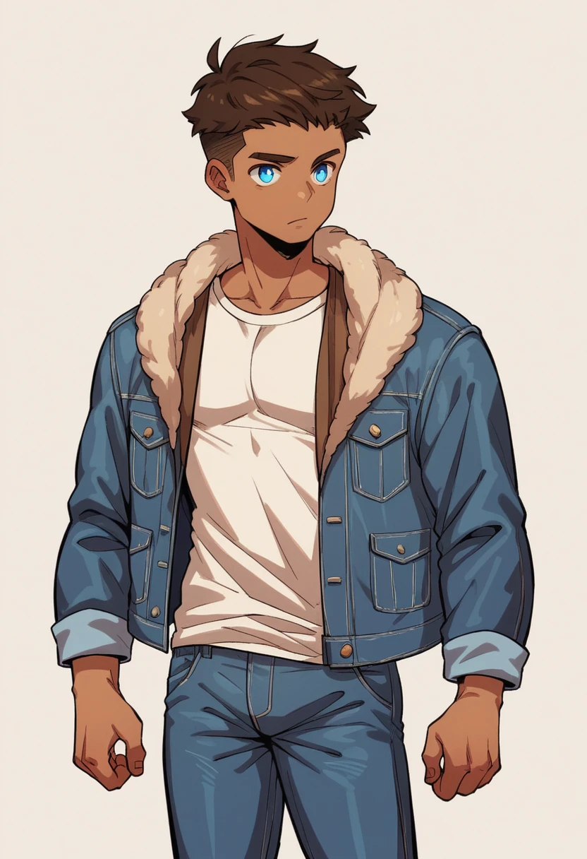  Human Male Young adult, Skin White   , Brown haircut, blue pupils, wearing Pants , wearing Denim Jacket , poses , 